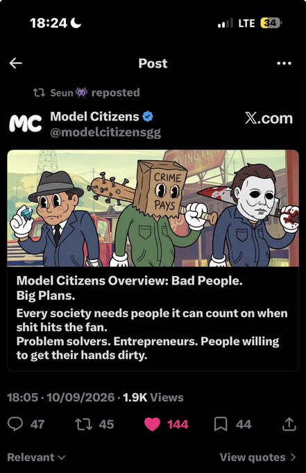 A screenshot of an X (formerly Twitter) post from Model Citizens (@modelcitizensgg) featuring cartoon characters, including one with a 'Crime Pays' paper bag, titled 'Model Citizens Overview: Bad People. Big Plans.'