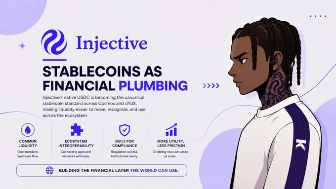 A promotional graphic for Injective, titled "STABLECOINS AS FINANCIAL PLUMBING," highlights the platform's native USDC as the canonical stablecoin standard across Cosmos and dYdX, emphasizing features like "Common Liquidity," "Ecosystem Interoperability," "Built for Compliance," and "More Utility, Less Friction." The image features an illustrated character on the right and reinforces the post's message about making liquidity easy to move, recognize, and use across the financial ecosystem.