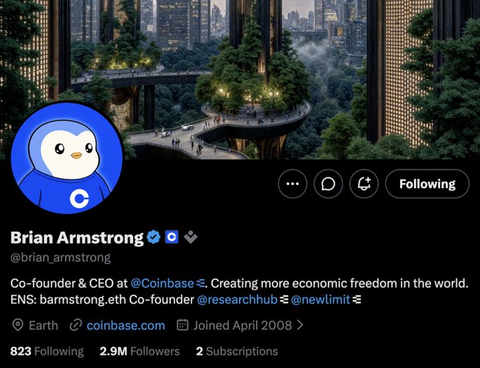 A Twitter/X profile page for Brian Armstrong (@brian_armstrong), Co-founder & CEO at Coinbase, featuring a penguin avatar, a futuristic city background with greenery, and follower counts of 823 Following and 2.9M Followers.