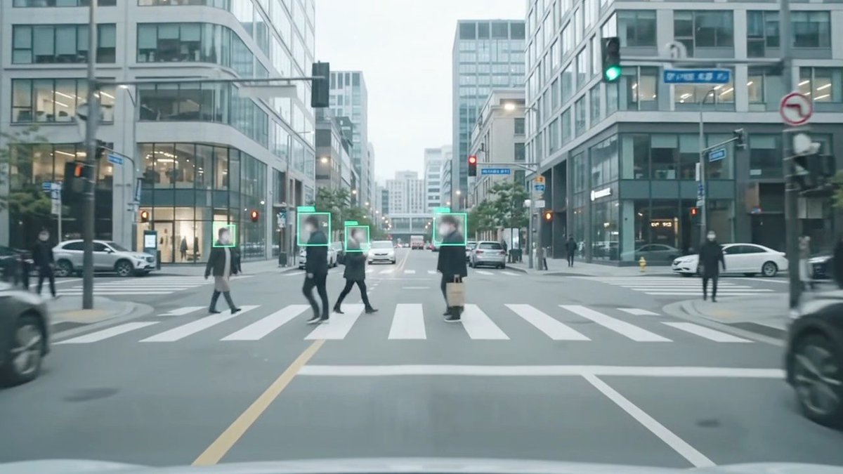 A wide, landscape view shows pedestrians crossing a city intersection lined with modern office buildings, traffic lights, cars, and blue street signs. Several people are marked with green tracking boxes, contrasting with the post about re-recording the same hallway scene vertically for VanGrid’s walking-style captures.