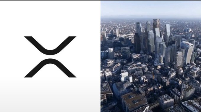 A split-screen image displaying the black XRP logo on a white background on the left and an aerial daytime view of a modern city skyline with skyscrapers on the right.