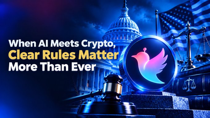 A graphic banner with text 'When AI Meets Crypto, Clear Rules Matter More Than Ever' featuring the U.S. Capitol building, an American flag, scales of justice, and a bird logo on a coin.
