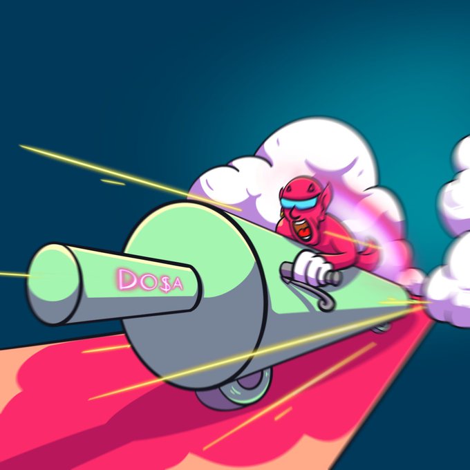 A cartoon illustration of a red devil-like character riding a green missile labeled 'DO$A', speeding through a starry night sky with clouds and motion lines.