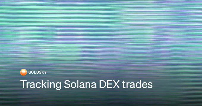 A screen with static/glitch effects showing the GOLDSKY logo and the text "Tracking Solana DEX trades" overlaid.