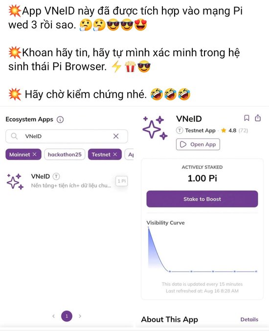 Vietnamese-language Pi Network announcement about the VNeID app integration, showing a VNeID Testnet App page with an actively staked amount of 1.00 Pi.
