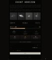 Very dark mobile app interface screenshot titled "EVENT HORIZON" with faintly visible icons and buttons, most content obscured by low brightness.