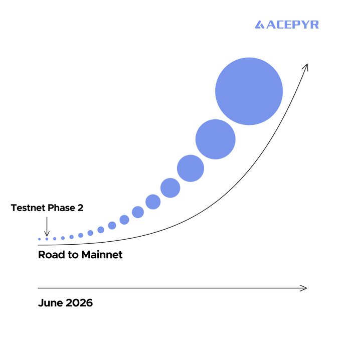 In the image, there's a graph that shows the progress of a testnet over time. It starts at the bottom left corner with "Testnet Phase 2" written below it. As you move towards the top right corner, the graph shows an upward trend in the number of testnets. The graph is labeled with months from January to December and has blue circles representing the number of testnets each month. The text above the graph reads: "The Acepyr L Curve Testnet opening again soon!".