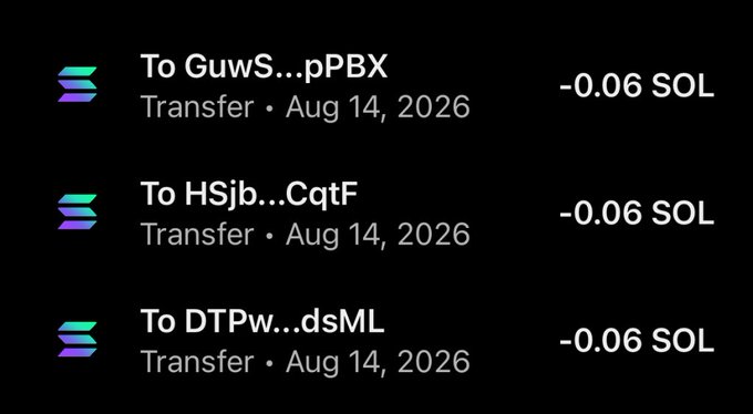 The image shows a list of three transfer transactions of -0.06 SOL each, sent to different truncated wallet addresses (GuwS...pPBX, HSjb...CqtF, and DTPw...dsML) on August 14, 2026. This visualizes the post's claim of "sending money" to three tagged users (@ife084, @junlojunlo, @millydahgreat), serving as evidence of the small crypto transfers being gifted.