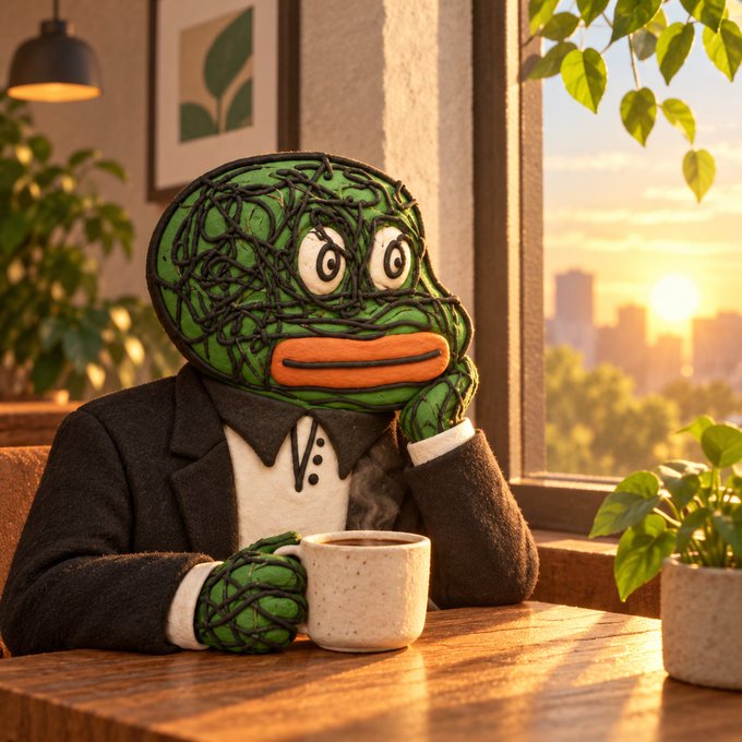 A Pepe the Frog character dressed in a suit and tie sits at a cafe table with a cup of coffee, looking out a window at a sunset.