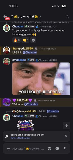 A screenshot of a Discord chat in the '#crown-chat' channel welcoming a user named @Chandan, featuring an embedded meme image of a man with the text 'YOU LIKA DE JUICE YES??'.