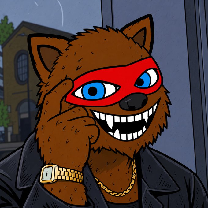 An illustrated anthropomorphic brown furry character wearing a red eye mask, a black leather jacket, and a gold watch grins with sharp teeth.