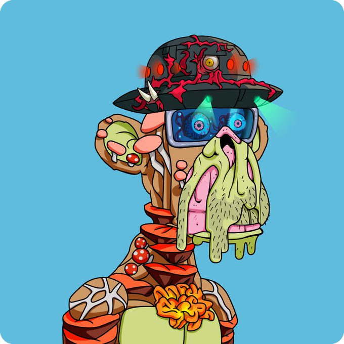 Surreal cartoon illustration of a grotesque figure with a hat, glowing red eyes, VR goggles, and a melting green face against a blue background.