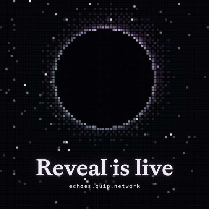 Pixelated art-style graphic showing a black circle on a dark starry grid background with the text "Reveal is live" and "echoes.quip.network" below.