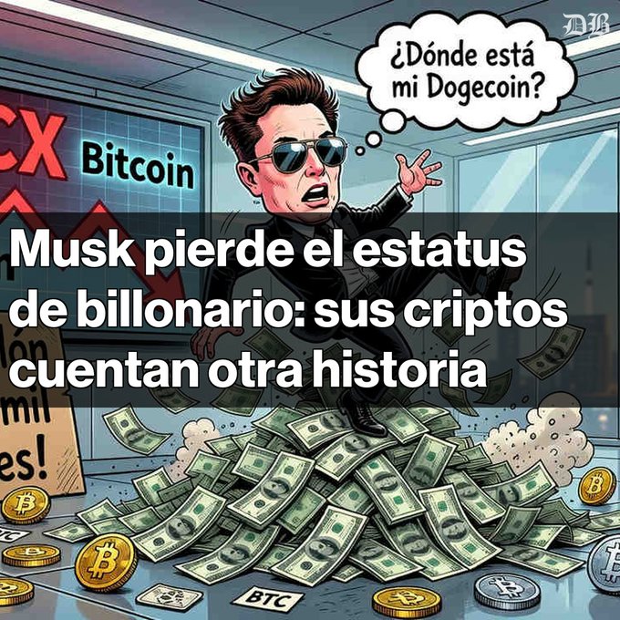 A Spanish-language news cartoon showing a panicked Elon Musk asking '¿Dónde está mi Dogecoin?' amid a pile of cash, with the headline 'Musk pierde el estatus de billonario: sus criptos cuentan otra historia' and visible Bitcoin references.