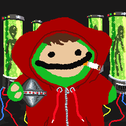 A cartoonish character in a red hoodie with a green smiling mask, smoking a cigarette and holding a piece of meat, with green vats containing silhouettes in the background.