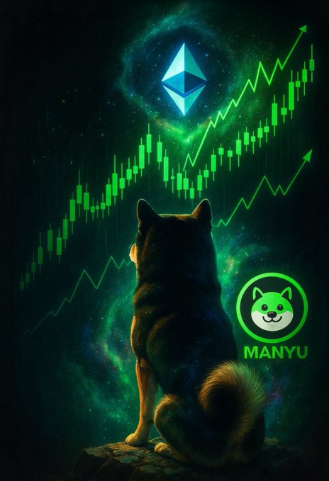 The image features a Shiba Inu dog sitting atop a rock, facing upwards towards two green lines that resemble cryptocurrency charts against a black background. The surrounding area depicts a dense, dark space with a blue glow from above and multiple glowing dots scattered throughout. A logo of the company "Manyu" is also visible in the scene.