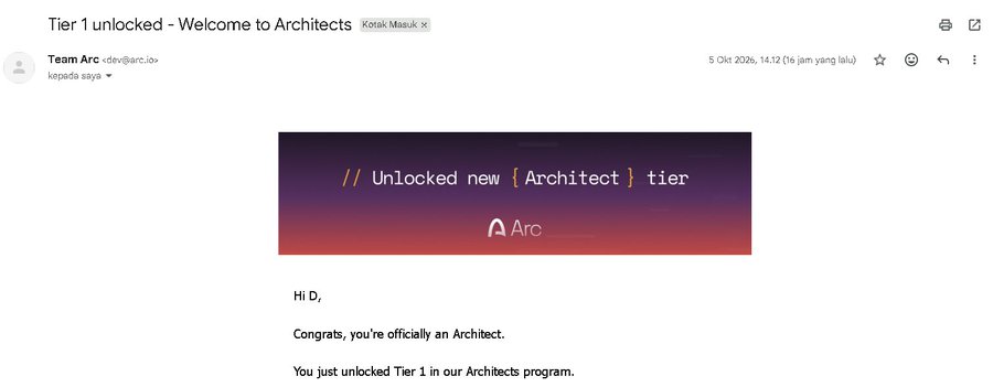 An email screenshot from Team Arc dated 5 Okt 2026 announcing 'Tier 1 unlocked - Welcome to Architects' with the message 'Congrats, you're officially an Architect.'