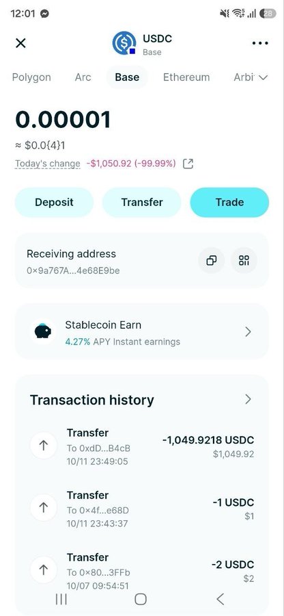 The image shows a MetaMask wallet display for USDC on the Base network showing a near-zero balance of 0.00001 (≈$0.0041) with today's change of -$1,050.92 (-99.99%), directly evidencing the theft of approximately 1,049 USDC described in the cybercrime complaint. The transaction history confirms the loss, showing outgoing transfers of -1,049.9218 USDC, -1 USDC, and -2 USDC from the wallet.
