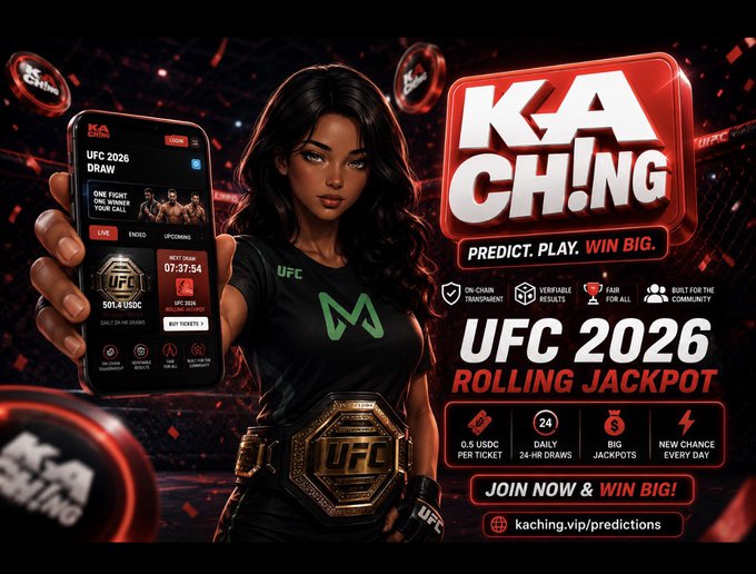 A promotional advertisement for 'KACHING' predicting UFC 2026 Rolling Jackpot, featuring a woman in a green UFC outfit holding a phone displaying the app, with text 'PREDICT. PLAY. WIN BIG.' and website kaching.vip/predictions.