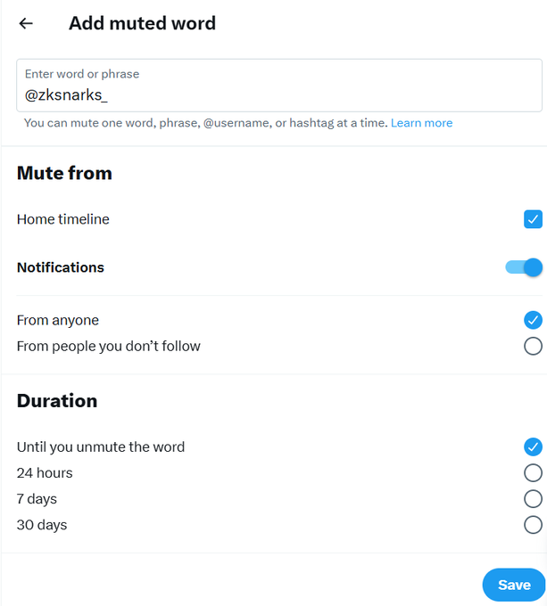A mobile settings screen for 'Add muted word' showing the entry '@zksnarks_' with options to mute from the home timeline and disable notifications indefinitely.