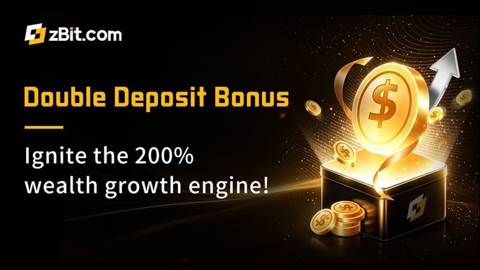 An advertisement for zBit.com offering a 'Double Deposit Bonus' and describing it as a '200% wealth growth engine' next to an image of a golden box with a dollar sign.