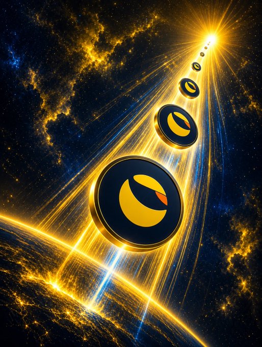 A cosmic scene depicts a trail of Terra Luna Classic ($LUNC) tokens soaring through a starry galaxy, their bright golden arcs and glowing light streams leading toward a radiant sun, perfectly capturing the "to the moon" sentiment of the post.
