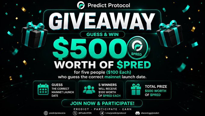 Predict Protocol giveaway announcement offering $500 worth of $PRED tokens for five people who guess the correct mainnet launch date.