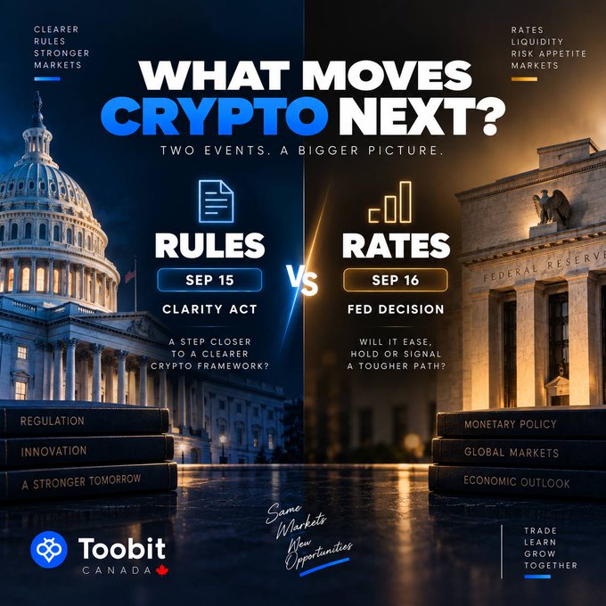 A promotional graphic titled 'WHAT MOVES CRYPTO NEXT?' comparing 'RULES - SEP 15 - CLARITY ACT' against 'RATES - SEP 16 - FED DECISION', featuring the Toobit Canada logo and images of the US Capitol and Federal Reserve.