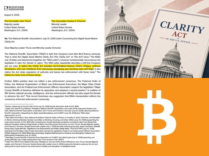 The image shows a letter dated August 3, 2026, from the Blockchain Association addressed to Senate Majority Leader John Thune and Minority Leader Charles Schumer, defending the CLARITY Act against criticism from the National Sheriffs' Association by emphasizing that the legislation does not exempt digital asset strip regulators from authority and leaves law enforcement with fewer tools. The accompanying "Blockchain Association" branded graphic with the U.S. Capitol building and "CLARITY Act in the U.S. Senate" header illustrates the post's context of the Association pushing back against the National Sheriffs' Association's claims about the DeFi regulatory bill.