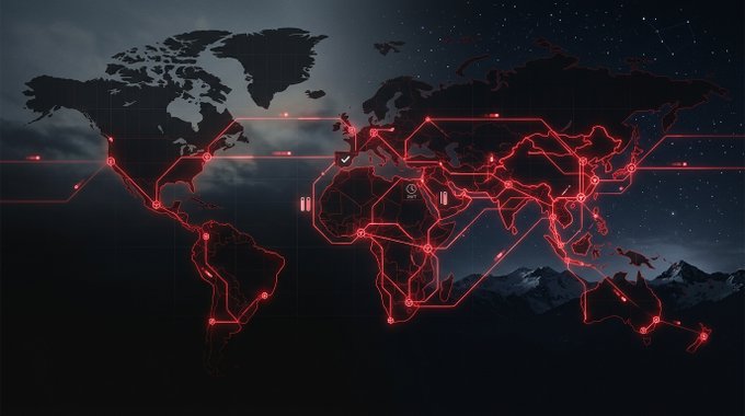 A digital graphic of a glowing red world map overlaid with digital lines and nodes against a dark, starry night sky and mountain silhouette.