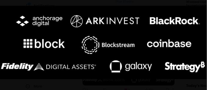 The image displays logos of prominent Bitcoin and financial companies including Anchorage Digital, ARK Invest, BlackRock, Block, Blockstream, Coinbase, Fidelity Digital Assets, Galaxy, and Strategy. The post is satirizing the irony that "Big Bitcoin" (major institutional players) would sponsor a proposal to impose KYC and Travel Rule regulations on Bitcoin, implying these corporate entities stand to benefit from increased Bitcoin regulation at odds with its decentralized ethos.