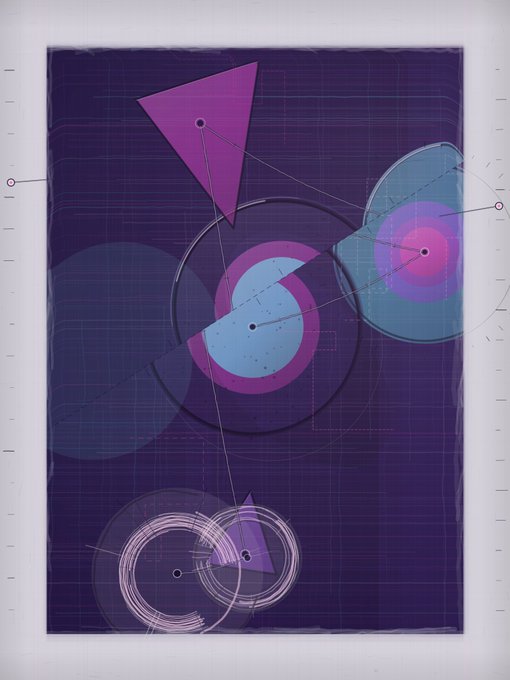 An abstract geometric artwork features a purple triangle, a target-like circle, and a figure-eight shape against a dark blue grid background.