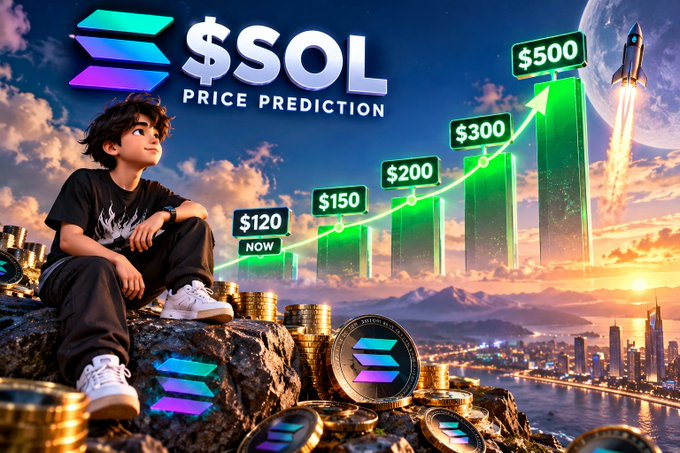 A 'SOL Price Prediction' graphic featuring a boy sitting on rocks surrounded by coins and an ascending bar chart with values rising from '$120 NOW' to '$500', set against a sunset cityscape.