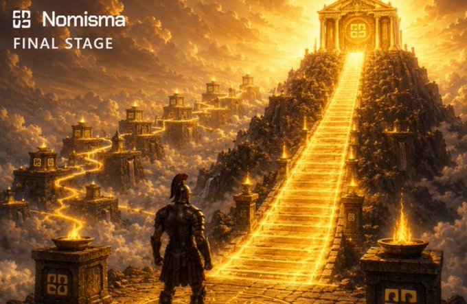 A dramatic golden illustration labeled 'Nomisma FINAL STAGE' showing a warrior looking up a glowing staircase leading to a temple on a mountaintop in the clouds.