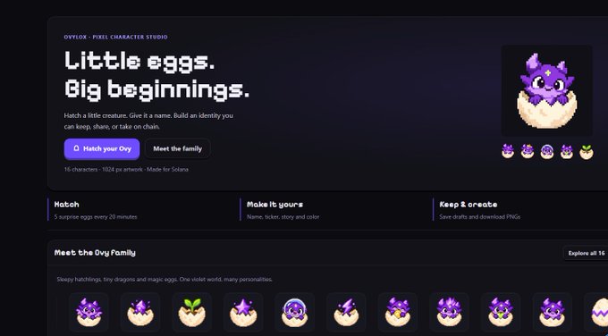 A webpage for 'OVFLOR - PIXEL CHARACTER STUDIO' titled 'Little eggs. Big beginnings.' featuring purple pixel-art creatures (Oryx) hatching from eggs, with options to 'Hatch your Ory' and 'Meet the family', and a gallery displaying various pixel-art dragon creatures.