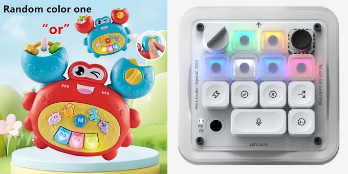 Two product images side by side: a colorful cartoon crab-shaped children's toy with text 'Random color one', and a white Macropad mechanical keyboard device with colorful LED-lit keys.