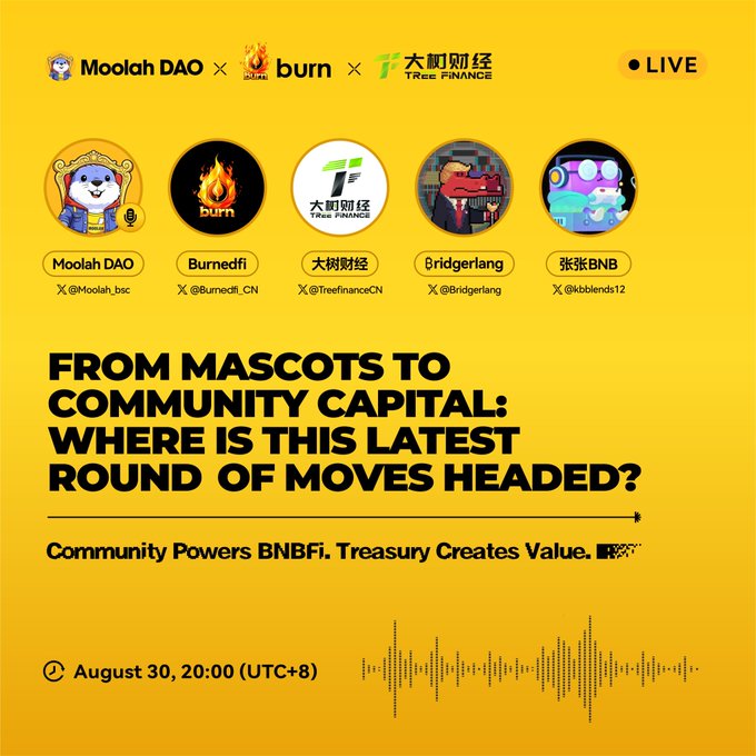 The image is a promotional graphic for a live AMA session titled "From Mascots to Community Capital: Where Is This Latest Round of Moves Headed?" featuring collaborations between Moolah DAO, Burn, and Tree Finance, scheduled for August 30 at 20:00 (UTC+8). It showcases guest speakers Moolah DAO, Burnedfi, 大树财经 (Tree Finance), Bridgerlang, and 张张BNB with their X handles (@Moolah_bsc, @Burnedfi_CN, @TreefinanceCN, @Bridgerlang, @kbblends12), and highlights the tagline "Community Powers BNBFi. Treasury Creates Value."
