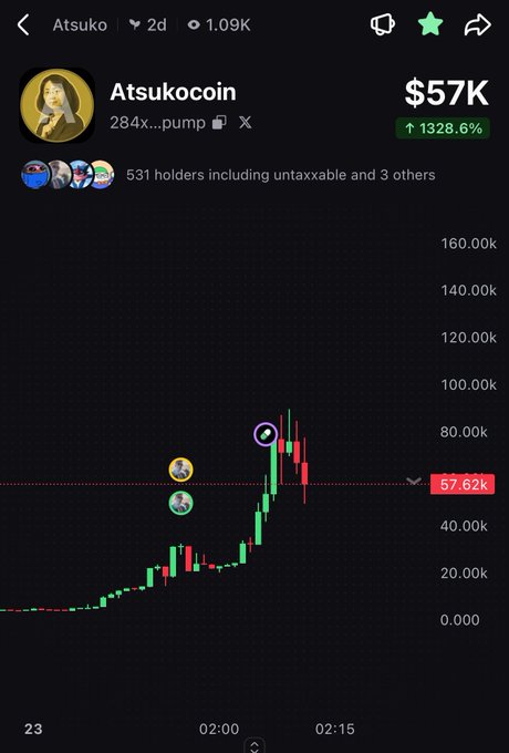 A screenshot of a cryptocurrency trading chart showing 'Atsukocoin' on the pump.fun platform, priced at $57K with a 1328.6% increase, displaying 531 holders.