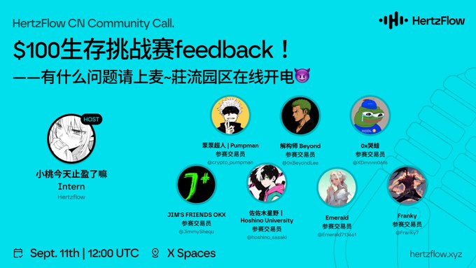 A promotional flyer for a 'HertzFlow CN Community Call' about a '$100生存挑战赛feedback' on Sept. 11th at 12:00 UTC on X Spaces, featuring avatars of host Intern and various participants including Pumpman, Beyond, 0x浅蛙, Jim's Friends OKK, and others.