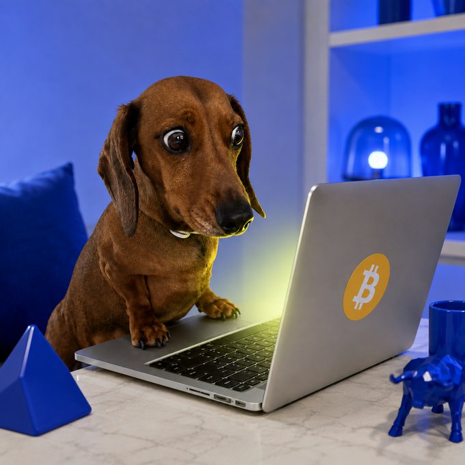 A brown dachshund sits intently at a laptop displaying the Bitcoin (₿) logo, with a small blue bull figurine beside it—playfully capturing the dog's anxious attempt to decode Bitcoin's volatile price swings as it eyes the $80K mark.