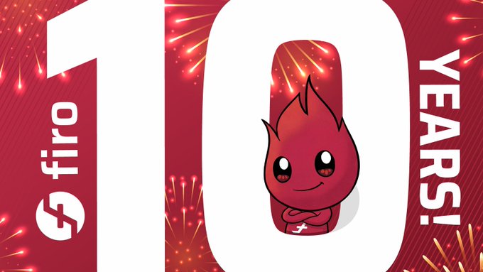The image celebrates Firo's 10th anniversary with a large "10 YEARS!" graphic, featuring the Firo flame mascot against a red background with fireworks. The accompanying post promotes a live YouTube stream on September 28th at 3 PM UTC to celebrate the milestone, with guests, FIRO giveaways, and merchandise.