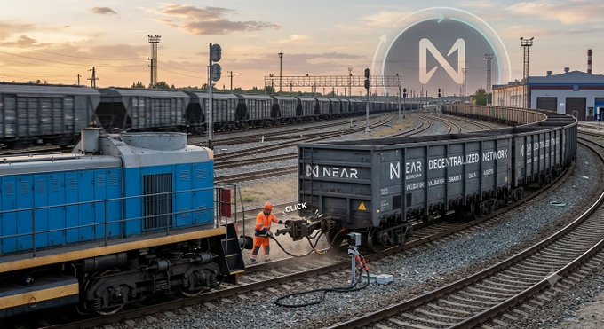 A stylized scene of a blue locomotive pulling freight cars branded with 'NEAR' and 'NEAR DECENTRALIZED NETWORK', featuring a worker and the NEAR logo glowing in the sky.