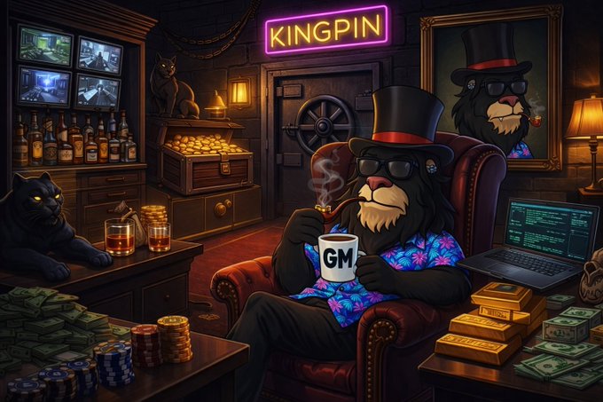 A digital illustration depicts a black cat character wearing a top hat, sunglasses, and a colorful shirt, sitting in a leather chair holding a 'GM' mug, with a neon 'KINGPIN' sign in the background.