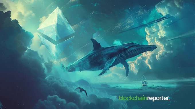 A surreal digital artwork featuring a large humpback whale swimming through dramatic clouds with an Ethereum (ETH) logo prominently displayed in the sky. The 'blockchainreporter' logo appears in the bottom right corner.