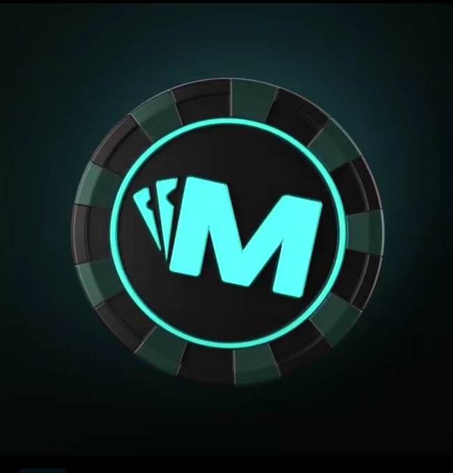 A glowing teal logo featuring a stylized 'M' made of cards, encircled by a segmented ring resembling a poker chip, is displayed against a dark background.