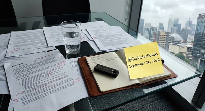 A glass table holds a Whitepaper with red-inked annotations, scattered documents, a glass of water, and a leather-bound notebook beside a yellow sticky note reading "@TheVictorBuilds - September 26, 2026," with a city skyline visible through the window—depicting an analyst's workspace where crypto market research and capital flow analysis is being conducted.