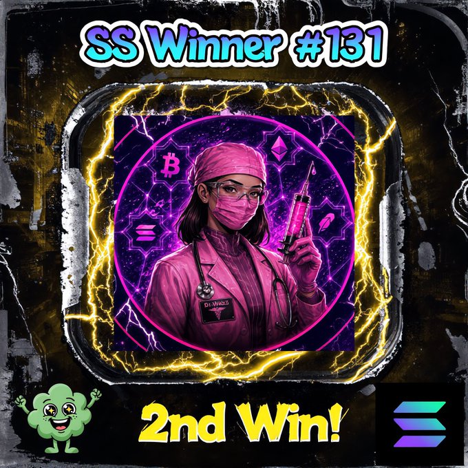 A neon-lit digital trophy celebrating "SS Winner #131" featuring a pink-garbed medical figure holding a syringe against a crypto-themed backdrop, marking "@fivo_dot_com" as the 2nd win recipient and earning $50 in SOL through the Smurf Spotlight V2 giveaway.