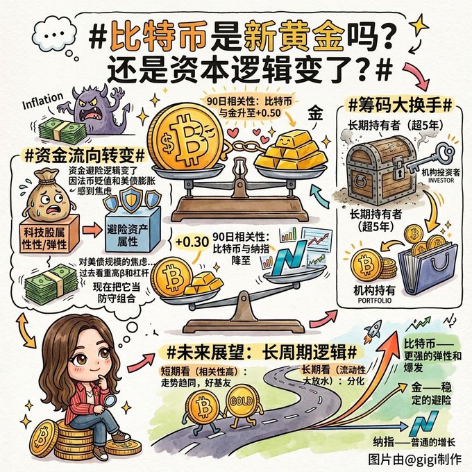 A Chinese-language infographic titled '#比特币是新黄金吗？还是资本逻辑变了？#' (Is Bitcoin the new gold? Or has the capital logic changed?) comparing Bitcoin to gold and Nasdaq.