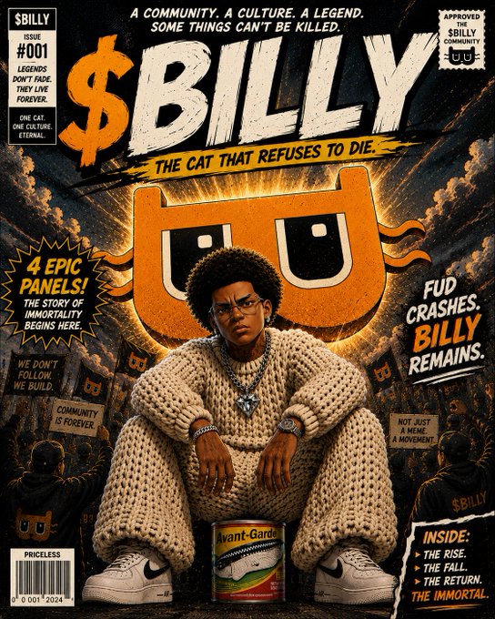 The image features a cover of a comic book called " Billy Never Dies" with an illustration of a man wearing a sweater sitting next to a can of soda, surrounded by other people. The title of the comic is prominently displayed at the top in large letters and the artist's name is written below it. The post about the comic suggests that it was created as part of a project called "Spent some time creating a comic inspired by a simple idea: Projects come and go... Billy Never Dies #001".