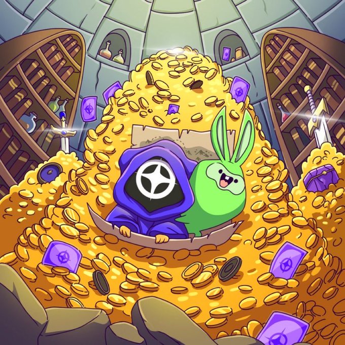 A cartoon illustration featuring a hooded figure with a steering wheel symbol and a green bunny character sitting in a boat amidst a massive pile of gold coins and purple tokens.